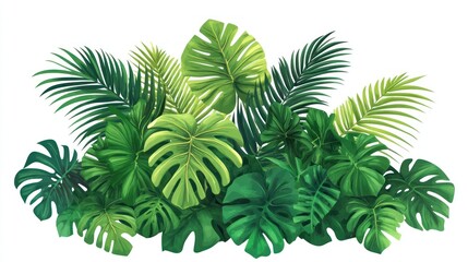 Lush tropical foliage with monstera and palm leaves, isolated on white background.