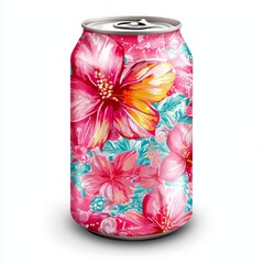 Vibrant Floral Patterned Soft Drink Can with Bright Tropical Flowers in Pink and Yellow