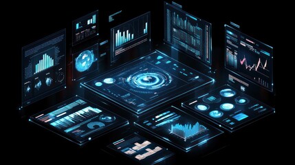 Obraz premium Futuristic digital dashboard displays data analytics, charts, and graphs on multiple screens.