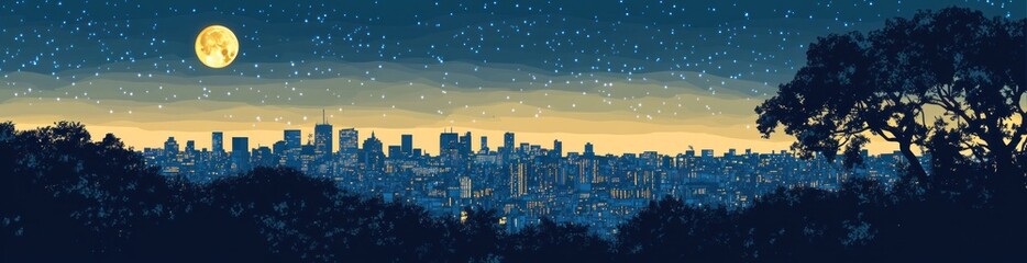 Naklejka premium Night cityscape view from hilltop with full moon and starry sky.