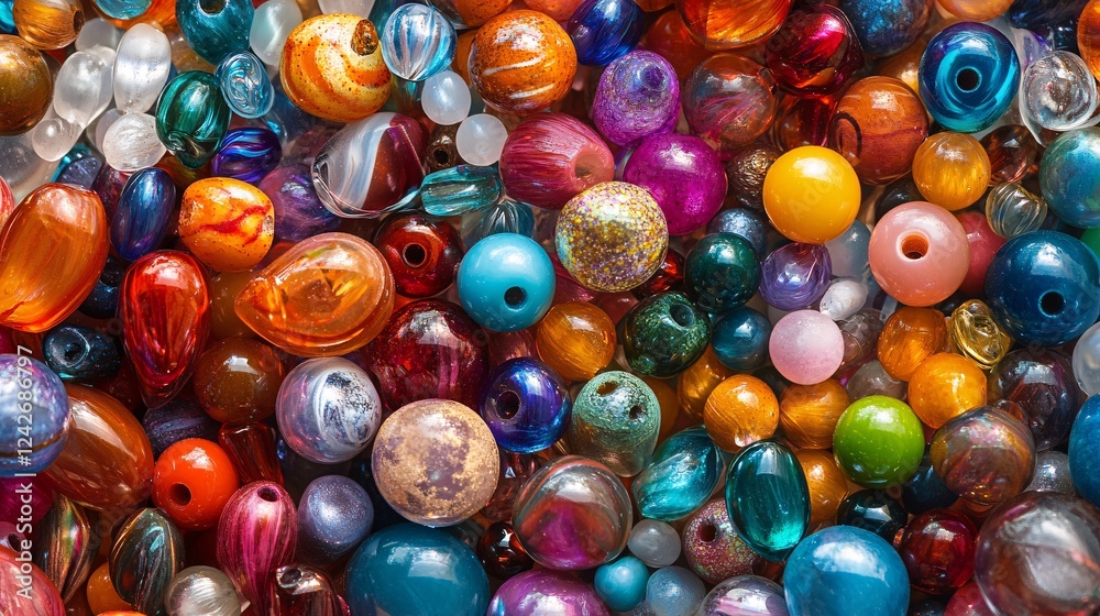 Aufkleber vibrant beads scattered on a surface, forming a colorful and textured backdrop