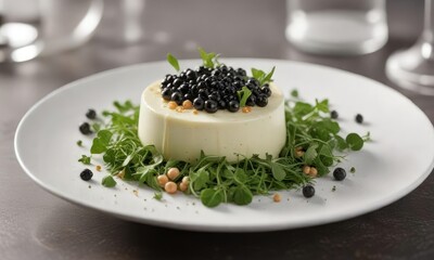 Fancy serving of pea shoot salad adorned with whipped truffle emulsion and decadent caviar pearls, premium ingredients, gourmet indulgence, exclusive dish