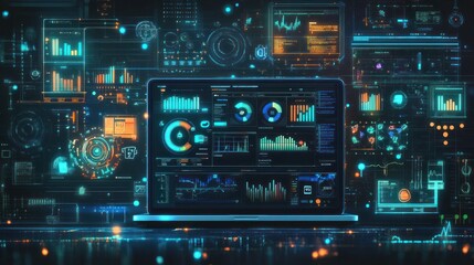 Obraz premium Laptop displaying data analytics, charts, graphs, and digital interfaces.