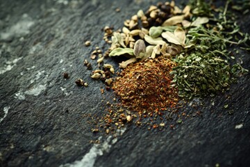 Aromatic blend of dried herbs and spices on dark background, perfect for cooking.