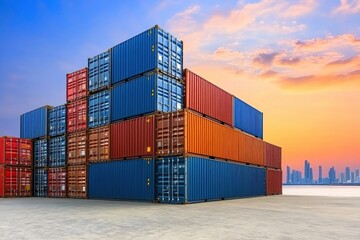 Colorful Shipping Containers Stacked at Sunset with City Skyline in Background