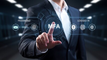 businessman pressing the virtual button MFA, multi-factor authentication. cloud computing concept, cloud technology, Saas, Paas, Iaas. AWS Services, ips, SSL, mfa, 2fa