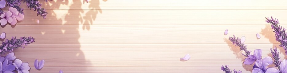 Obraz premium Soft pastel purple flowers and leaves on light wood background.