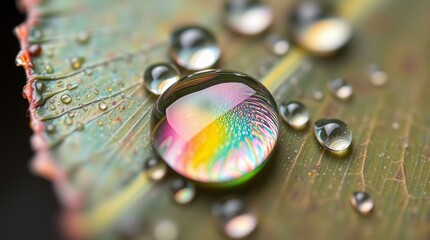"Macro Photography of a Water Droplet on a Dandelion Seed with Rainbow Reflection and Iridescent Colors"