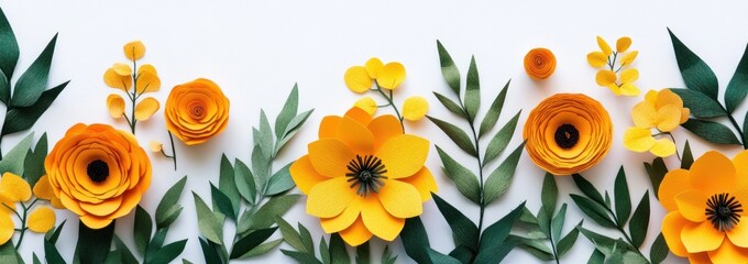 Paper flowers and leaves arranged in a row on white background.