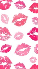 Lipstick Print Pattern. vertical illustration of Lips kisses. Colourful womens lips isolated on white background for fashion cloth and wrapping paper for valentines day