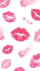 Lipstick Print Pattern. vertical illustration of Lips kisses. Colourful womens lips isolated on white background for fashion cloth and wrapping paper for valentines day