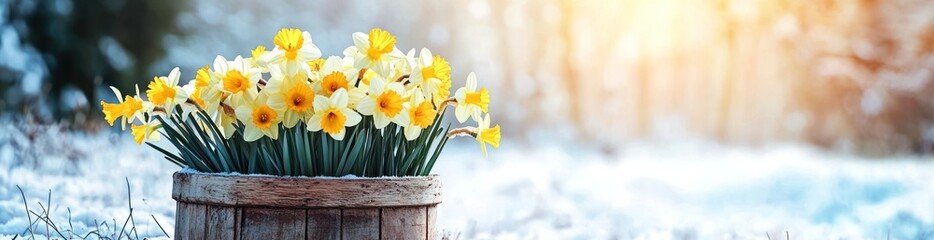 Fototapeta premium Daffodils in a wooden box, sitting in the snow, sunlit winter scene.