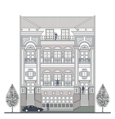 Facade of 4 storeys symmetrical modern classic house with 5 doors, 8 windows, 12 columns, balustrade, frames, decoration, stairs, crowns, canopy, triangular roof and its elements design.