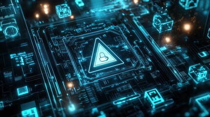 Obraz premium Cyber security alert warning sign on digital circuit board.
