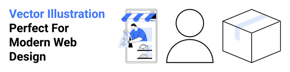 Digital storefront phone screen with awning, user outline icon, and shipping package emphasizing e-commerce. Ideal for retail, logistics, user interface design, technology, delivery, shopping flat