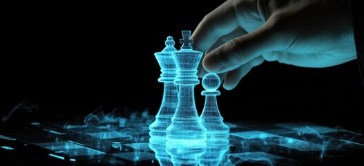 Hand moving a holographic chess piece.