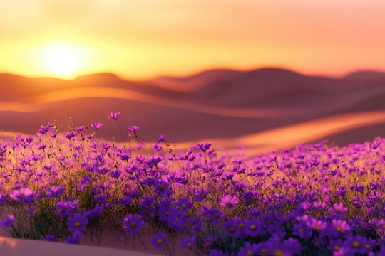 Vibrant purple wildflowers bloom in a field at sunset, creating a breathtaking landscape.