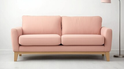 Pastel Pink Sofa with Light Wood Legs in Minimalist Setting