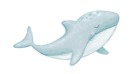 Cute baby shark, sea animal character, watercolor hand drawn isolated illustration for kids