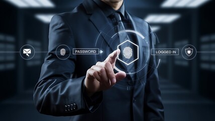 businessman pressing the virtual button MFA, multi-factor authentication. cloud computing concept, cloud technology, Saas, Paas, Iaas. AWS Services, ips, SSL, mfa, 2fa