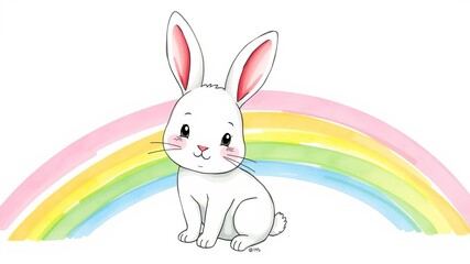 Obraz premium Adorable bunny on rainbow watercolor background illustration, cute pet, art, hand drawn