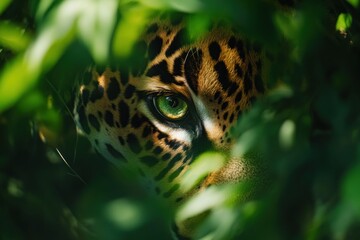 Obraz premium Close-up of a jaguar's eye peering through lush green foliage.