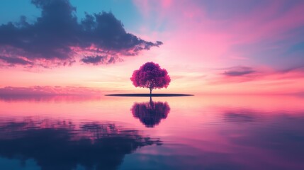 Surreal landscape in metaverse with glowing tree under colorful sky and tranquil reflections