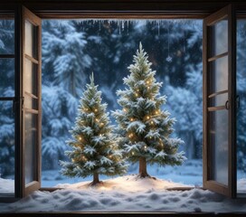 Fir Christmas tree in a frosty window with snowflakes and icicles, frozen landscape, calming ambiance , serene background