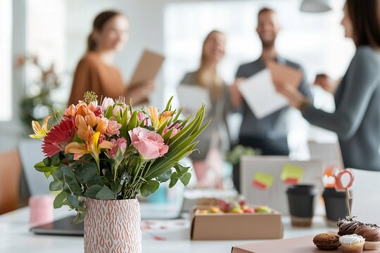 A diverse team in a contemporary office celebrates Administrative Professionals Day with heartfelt notes, flowers, and treats, expressing gratitude for their achievements.