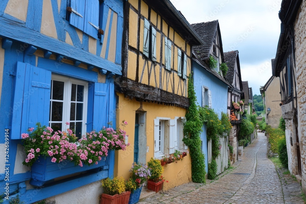 Sticker Charming colorful houses line a narrow cobblestone street in a quaint European village. Flowers adorn window boxes.