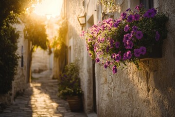 Obraz premium Sunlit cobblestone alleyway with vibrant purple flowers in window box, old stone buildings.