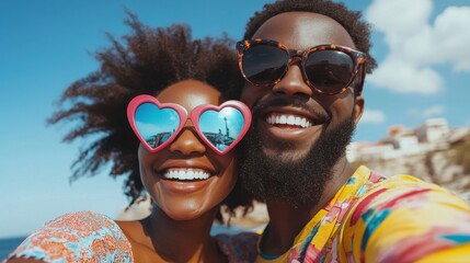 A smiling couple enjoys summer fun at the beach, their faces radiating love and happiness
