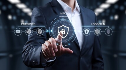 businessman pressing the virtual button MFA, multi-factor authentication. cloud computing concept, cloud technology, Saas, Paas, Iaas. AWS Services, ips, SSL, mfa, 2fa