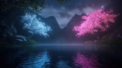 Obraz premium Dreamy Digital Paradise with Vibrant Neon Trees Reflected in Still Waters at Night
