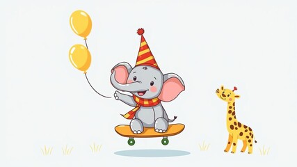 Naklejka premium Hand drawn vector illustration of a cute baby elephant riding a skateboard with balloons, animal, character, vector illustration