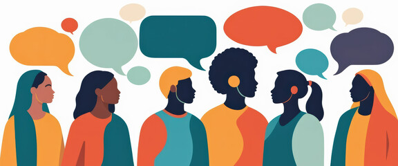 Obraz premium Painted banner representing the concept of communication across multiethnic peoples through the image of colored silhouette and speech bubbles. Multicultural dialogue, diversity, individuality, inclus