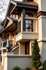 Luxury Home Exterior: Modern Architectural Design, Elegant Facade, and Landscaped Garden.  A stunning example of contemporary residential architecture.