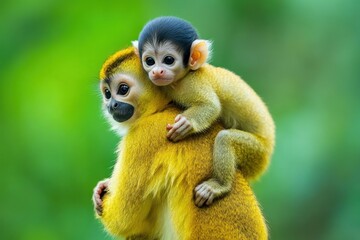 Fototapeta premium Adorable baby squirrel monkey clinging to its mother's back against a blurred green background.