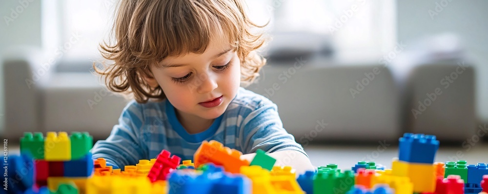 Poster young child is nurturing his imagination while playing with vibrant building blocks