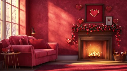 Valentine mockup card and heart background minimal. Romantic Interior with Fireplace and Love Decorations a Cozy Valentines Day Setting in Warm Light.
