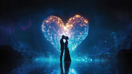 A silhouette of a woman, an angel in the night sky, dances under the blue moon, embodying love and romance