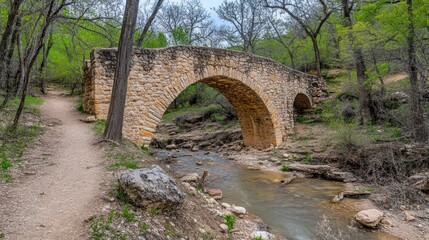 Serene Stone Bridge Arching Over a Tranquil Creek in a Lush Forest