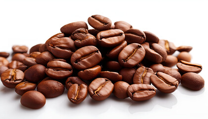 Naklejka premium Close-up of roasted coffee beans piled together on a clean white background