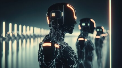 Futuristic cyborg DJ in a dark nightclub, a woman's silhouette dances, while another masked figure with a gun evokes a sense of danger
