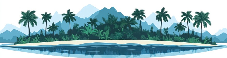Tropical island with palm trees, beach, and calm ocean against a mountain backdrop.