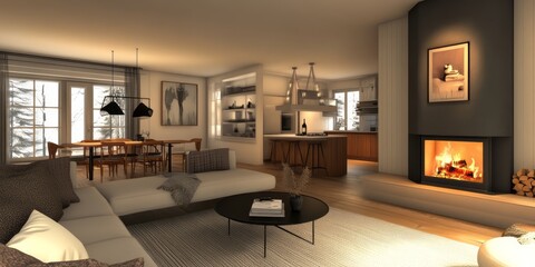Fototapeta premium Modern Cozy Living Room with Fireplace and Winter View