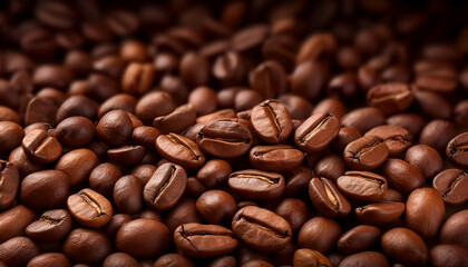 Obraz premium Close-up of a densely packed coffee bean surface, showcasing deep color and rich texture