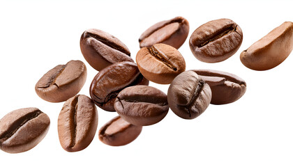 Obraz premium Close-up of roasted coffee beans piled together on a clean white background