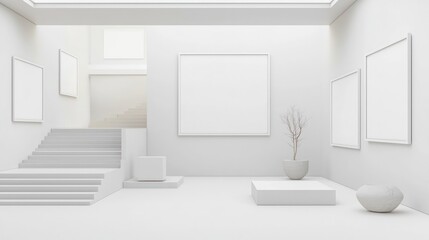 Fototapeta premium 3D home gallery layout with clean white frames, minimalist decor, and soft lighting, ideal for showcasing professional interior design ads.