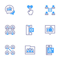 Social networking icon set. Bold line style. Duotone colors. Editable stroke. socialnetwork, socialmedia, follower, interaction, network, community, favourite, chat, sharedfolder